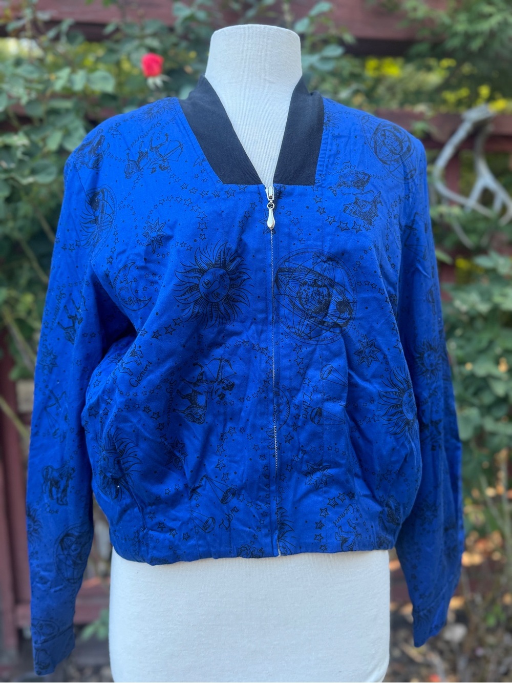 VintageBlue Bomber Jacket with Celestial Print